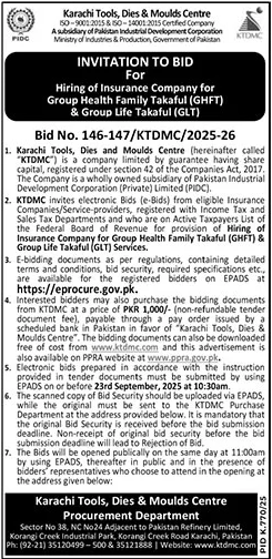 Karachi Tools, Dies & Moulds Centre Karachi Tender Notice